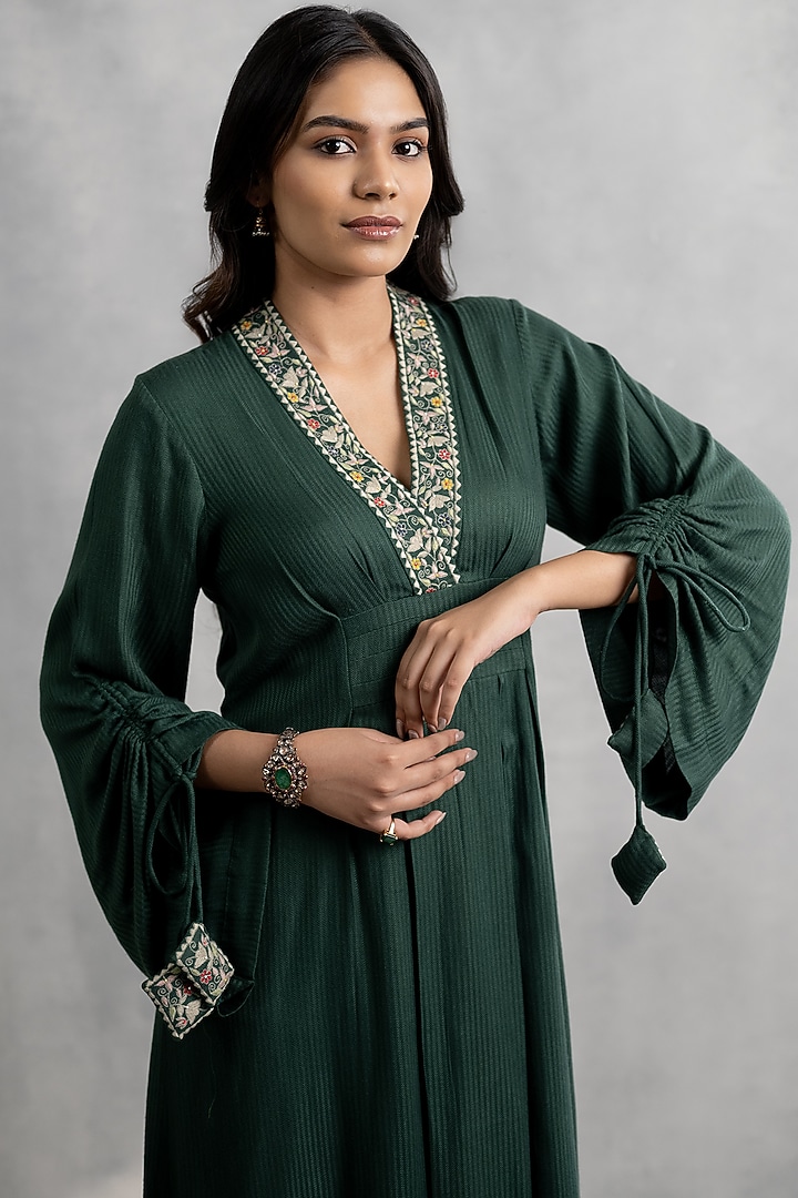 Deep Green Cotton Satin Embroidered Vacation Dress by Neelu and Manvi at Pernia's Pop Up Shop
