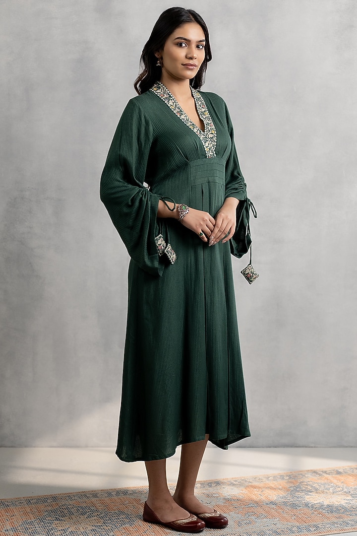 Deep Green Cotton Satin Embroidered Vacation Dress by Neelu and Manvi at Pernia's Pop Up Shop