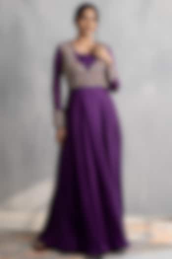 Purple Cotton Silk Hand & Machine Embroidered Party Wear Gown by Neelu and Manvi at Pernia's Pop Up Shop