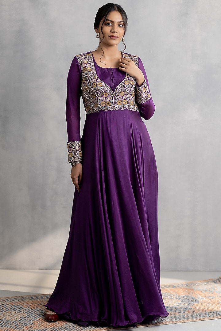 Purple Cotton Silk Hand & Machine Embroidered Party Wear Gown by Neelu and Manvi at Pernia's Pop Up Shop
