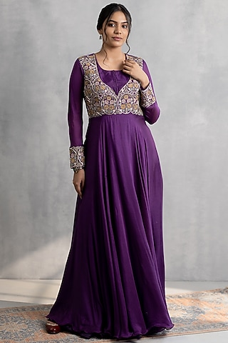 Purple Cotton Silk Hand & Machine Embroidered Gown by Neelu and Manvi