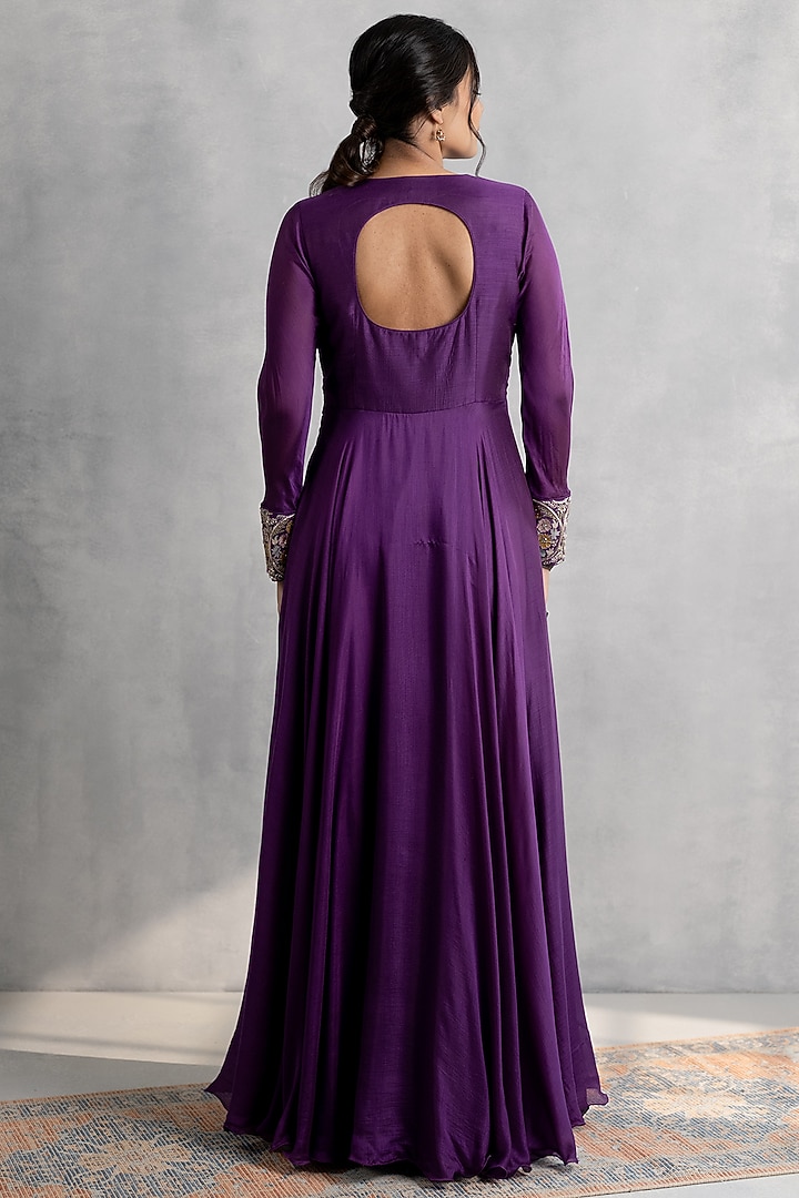 Purple Cotton Silk Hand & Machine Embroidered Party Wear Gown by Neelu and Manvi at Pernia's Pop Up Shop