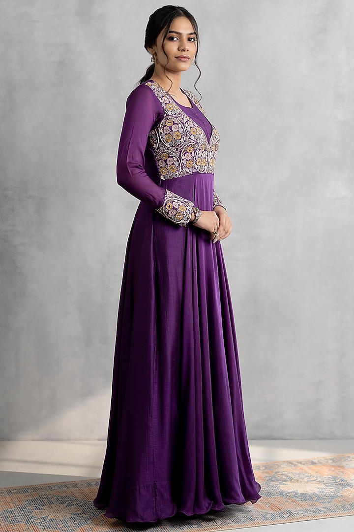 Purple Cotton Silk Hand & Machine Embroidered Party Wear Gown by Neelu and Manvi at Pernia's Pop Up Shop