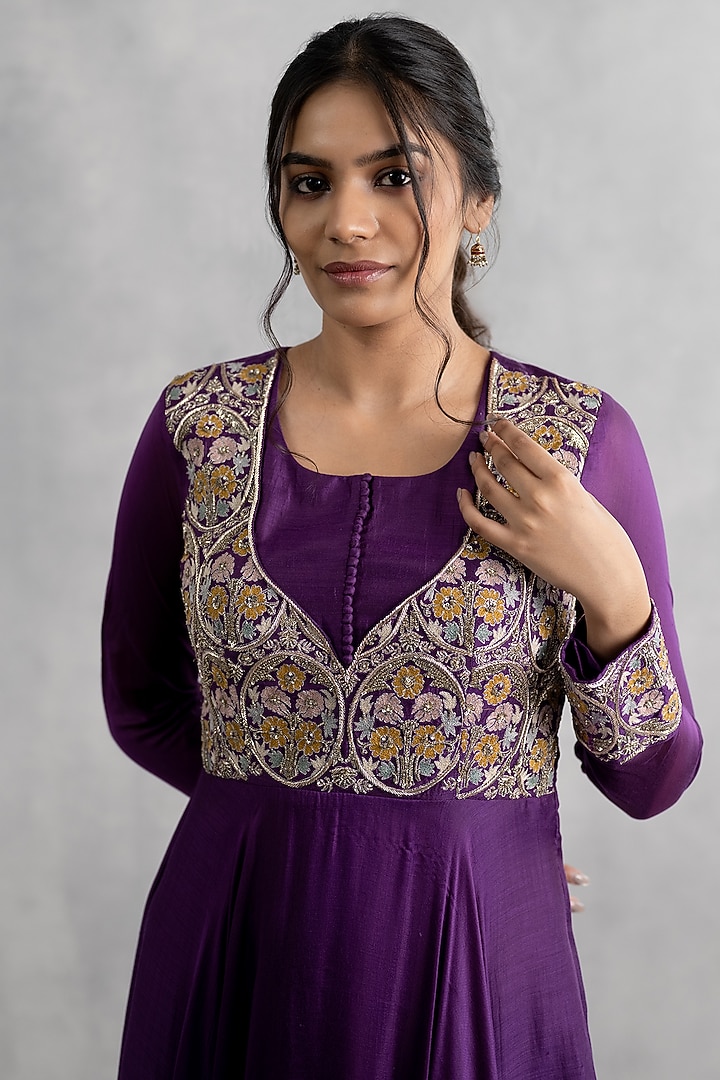 Purple Cotton Silk Hand & Machine Embroidered Party Wear Gown by Neelu and Manvi at Pernia's Pop Up Shop