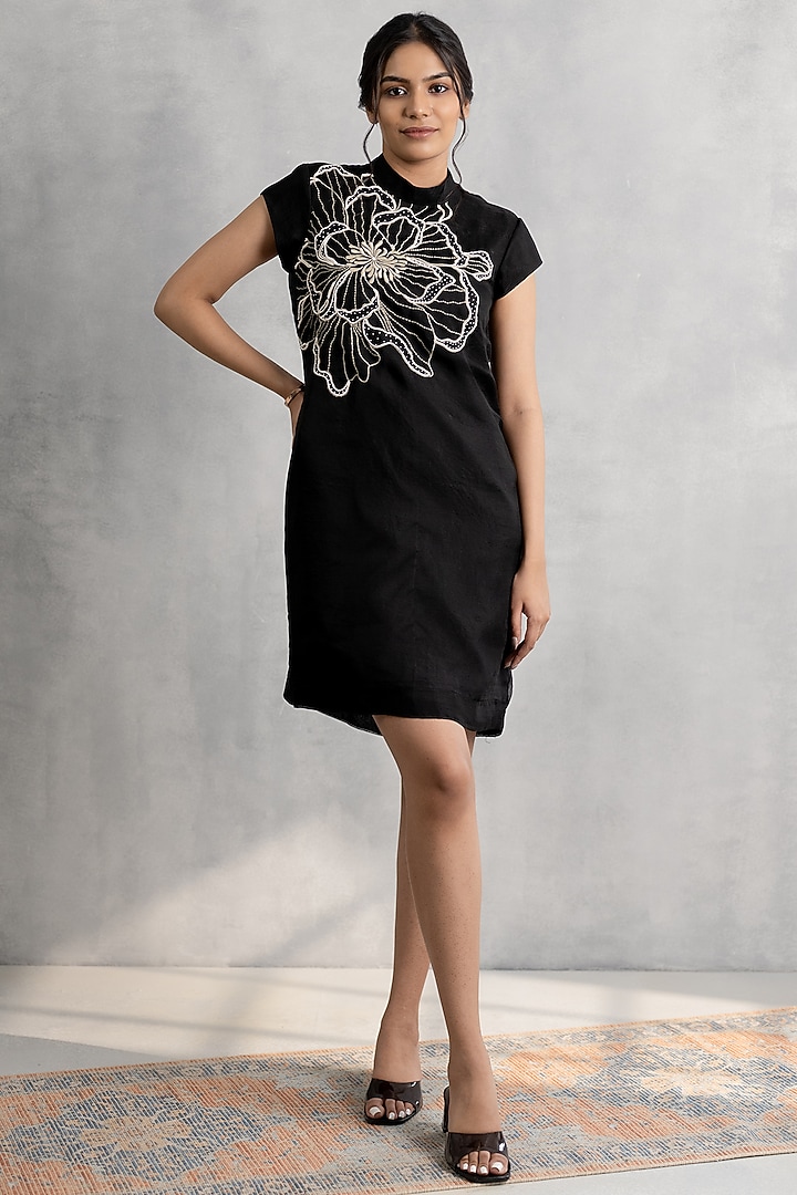 Black Organza Hand Embroidered Mini Vacation Dress by Neelu and Manvi at Pernia's Pop Up Shop
