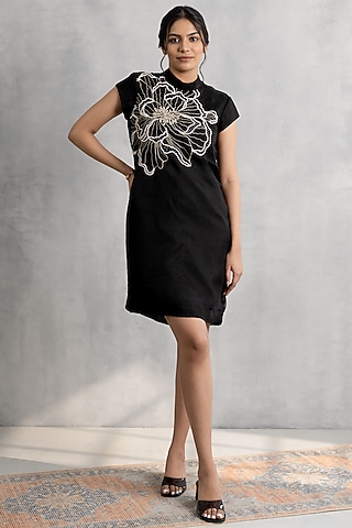 Black Organza Hand Embroidered Mini Dress by Neelu and Manvi