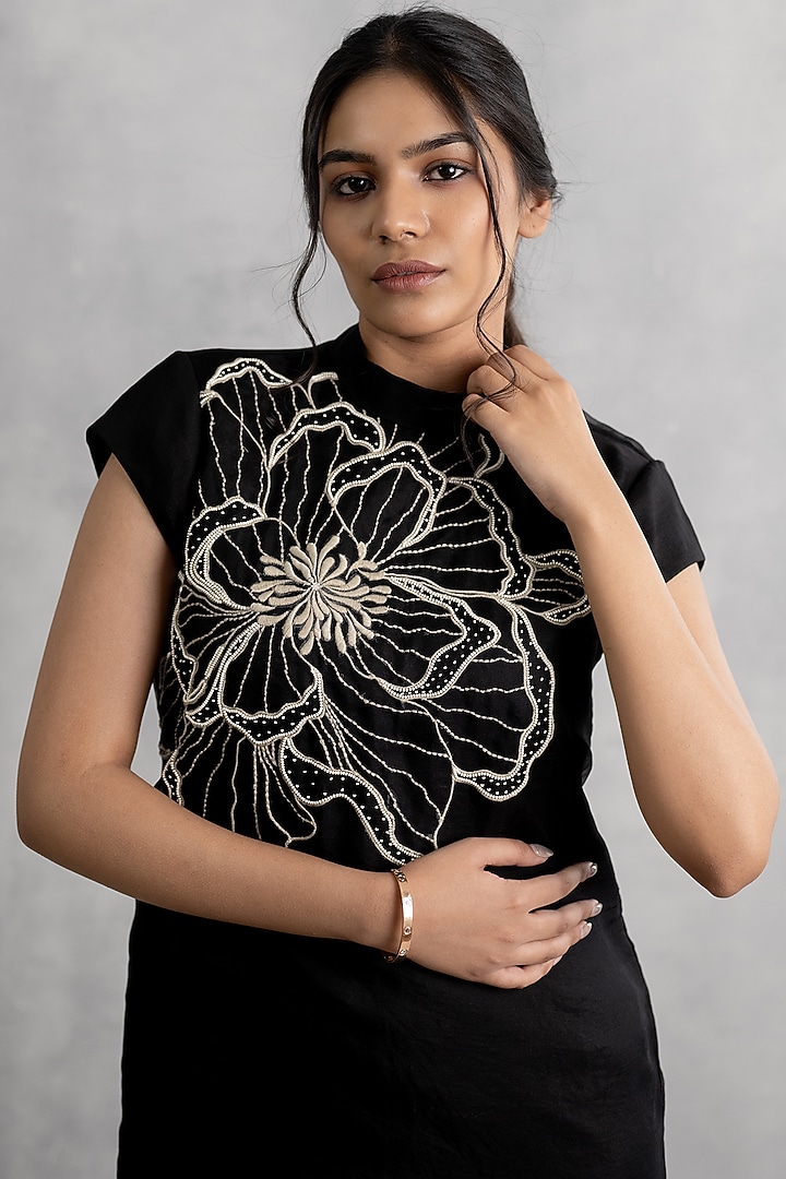 Black Organza Hand Embroidered Mini Vacation Dress by Neelu and Manvi at Pernia's Pop Up Shop