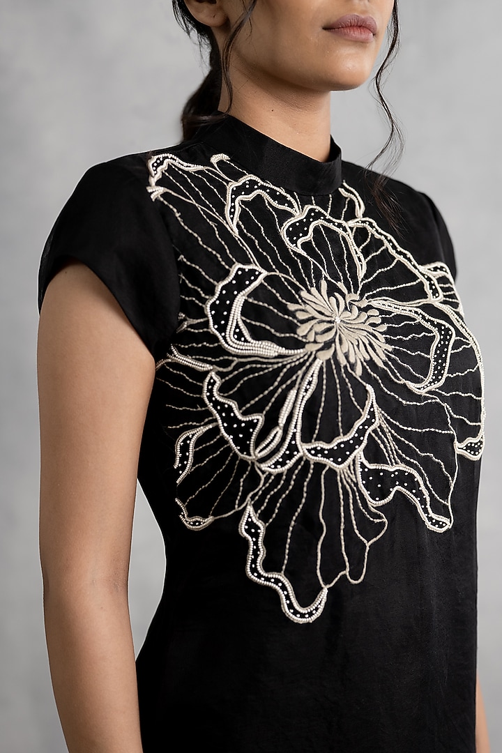 Black Organza Hand Embroidered Mini Vacation Dress by Neelu and Manvi at Pernia's Pop Up Shop