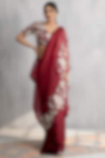 Maroon Satin & Organza Applique Work Draped Skirt Wedding Saree Set by Neelu and Manvi at Pernia's Pop Up Shop