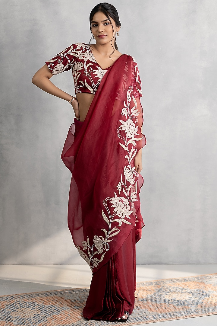 Maroon Satin & Organza Applique Work Draped Skirt Wedding Saree Set by Neelu and Manvi at Pernia's Pop Up Shop