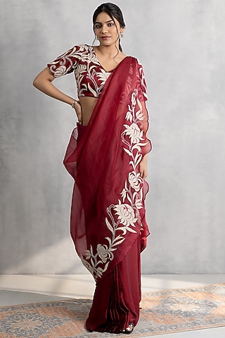 Maroon Satin & Organza Applique Work Draped Skirt Saree Set by Neelu and Manvi
