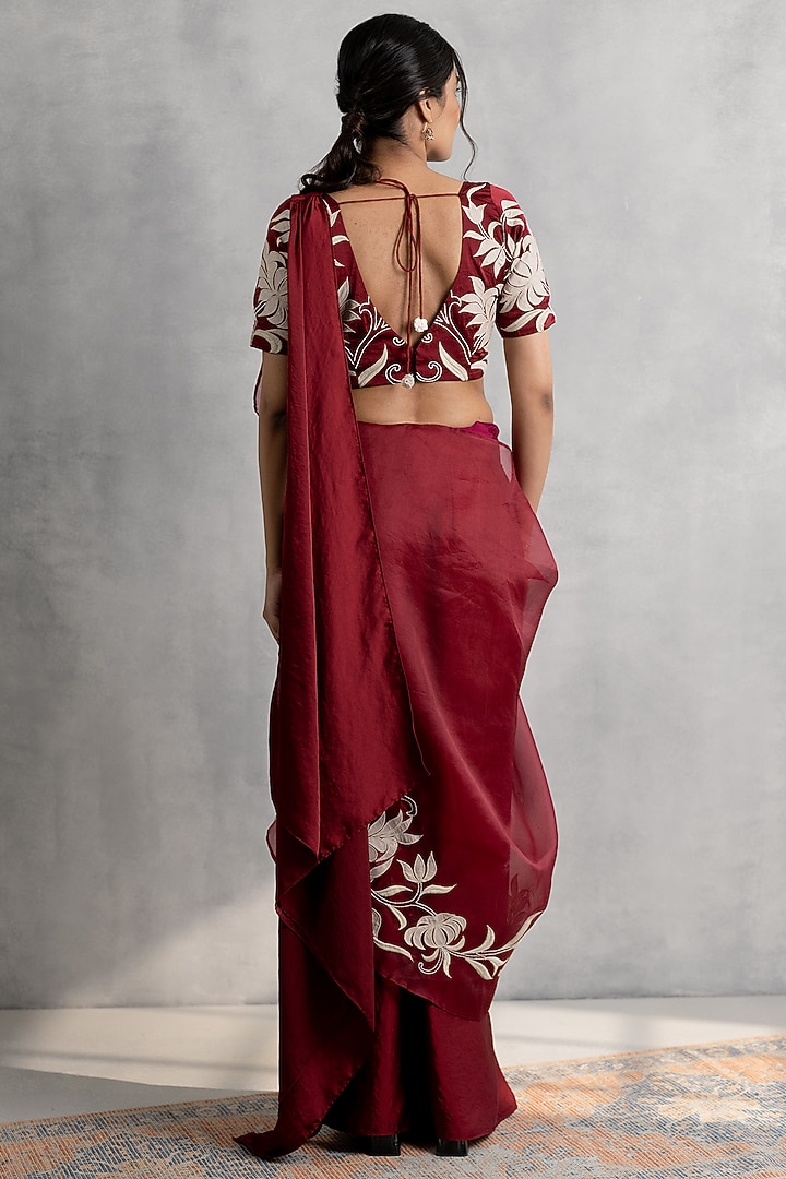 Maroon Satin & Organza Applique Work Draped Skirt Wedding Saree Set by Neelu and Manvi at Pernia's Pop Up Shop