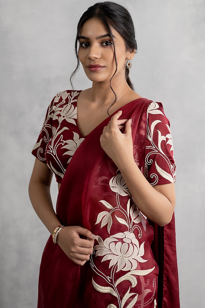 Maroon Satin & Organza Applique Work Draped Skirt Wedding Saree Set by Neelu and Manvi at Pernia's Pop Up Shop
