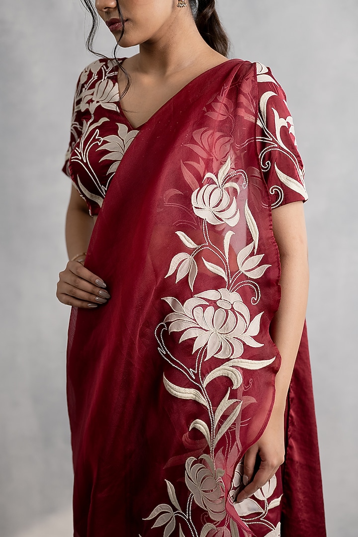 Maroon Satin & Organza Applique Work Draped Skirt Wedding Saree Set by Neelu and Manvi at Pernia's Pop Up Shop