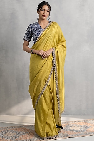 Mustard Yellow Silk Hand Embroidered Saree Set by Neelu and Manvi