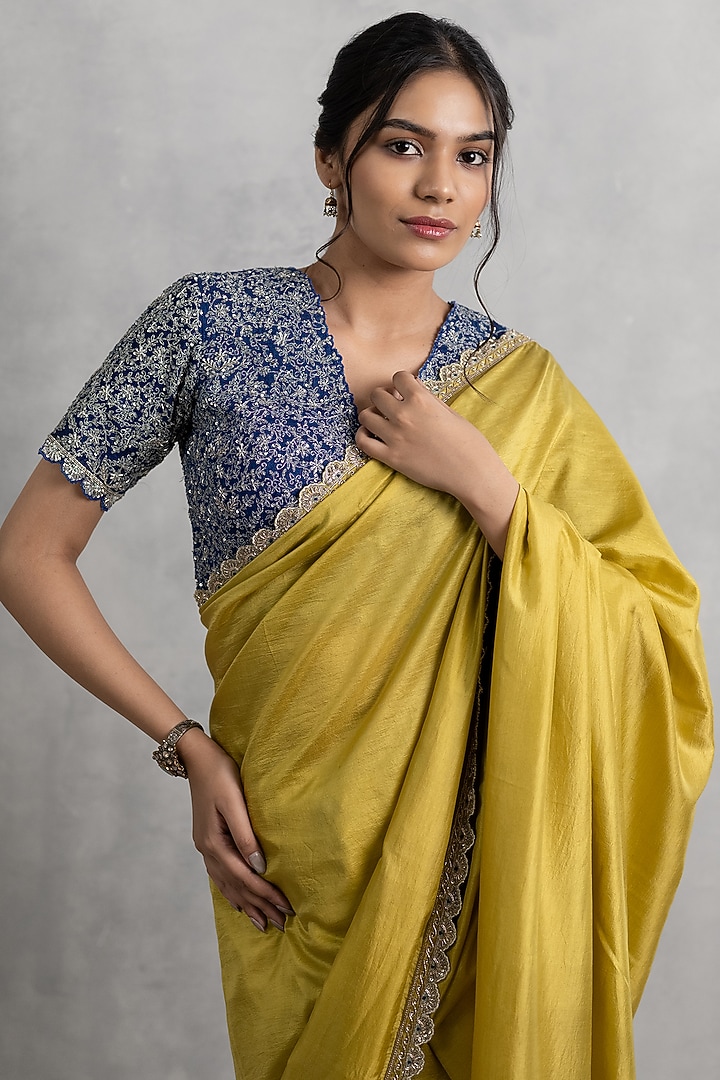 Mustard Yellow Silk Hand Embroidered Wedding Saree Set by Neelu and Manvi at Pernia's Pop Up Shop