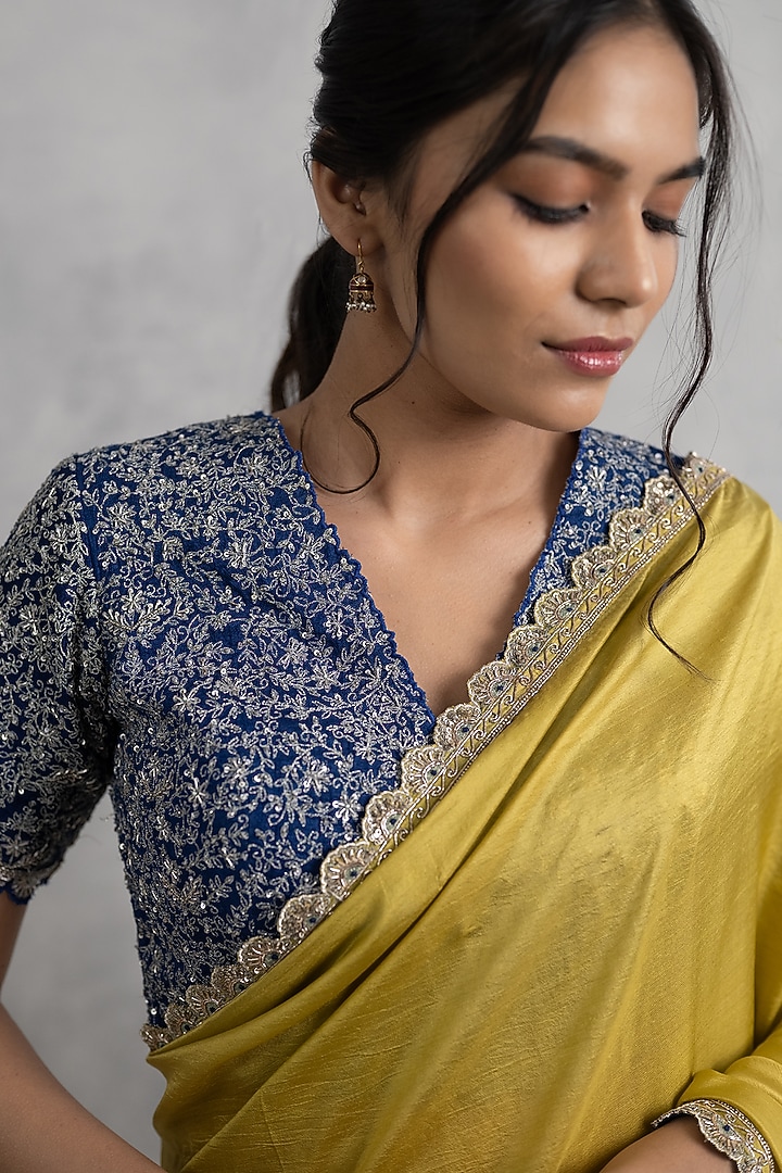 Mustard Yellow Silk Hand Embroidered Wedding Saree Set by Neelu and Manvi at Pernia's Pop Up Shop