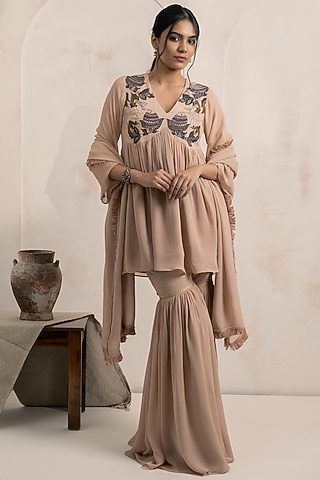 Dusty Pink Georgette Gharara Set by Neelu and Manvi