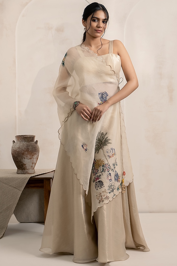 Gold Tissue Threadwork Embroidered Flared Party Wear Sharara Set by Neelu and Manvi at Pernia's Pop Up Shop