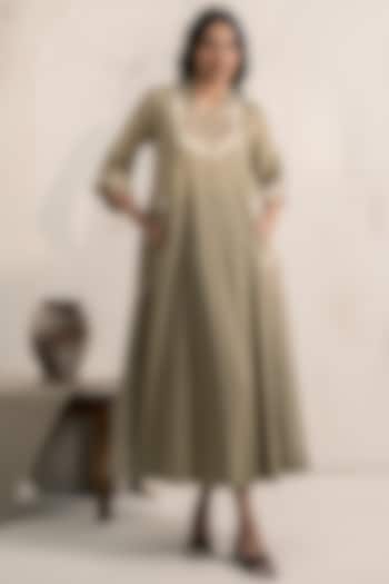 Sage Green Cotton Satin Floral Embroidered Flared Midi Vacation Dress by Neelu and Manvi at Pernia's Pop Up Shop