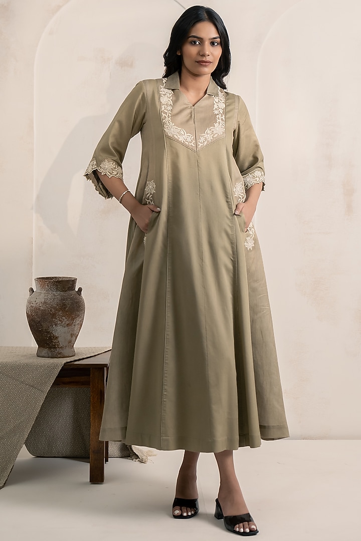 Sage Green Cotton Satin Floral Embroidered Flared Midi Vacation Dress by Neelu and Manvi at Pernia's Pop Up Shop