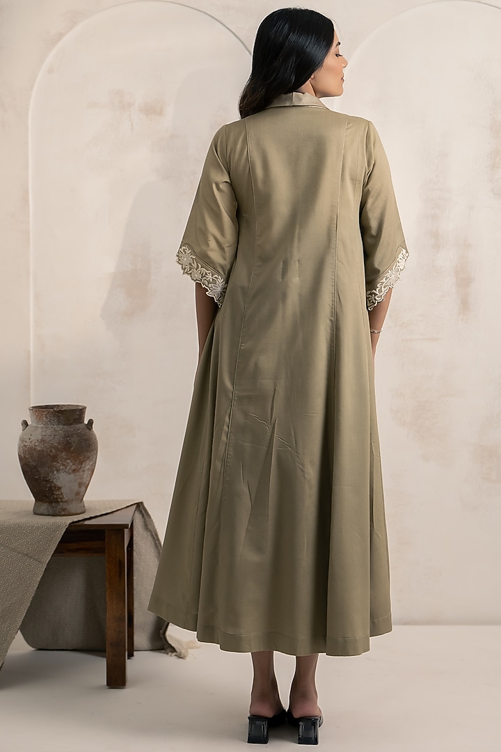 Sage Green Cotton Satin Floral Embroidered Flared Midi Vacation Dress by Neelu and Manvi at Pernia's Pop Up Shop