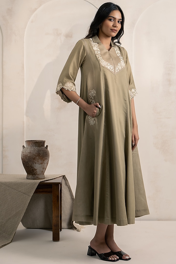Sage Green Cotton Satin Floral Embroidered Flared Midi Vacation Dress by Neelu and Manvi at Pernia's Pop Up Shop