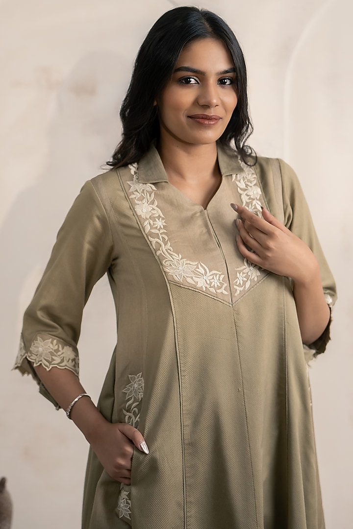 Sage Green Cotton Satin Floral Embroidered Flared Midi Vacation Dress by Neelu and Manvi at Pernia's Pop Up Shop