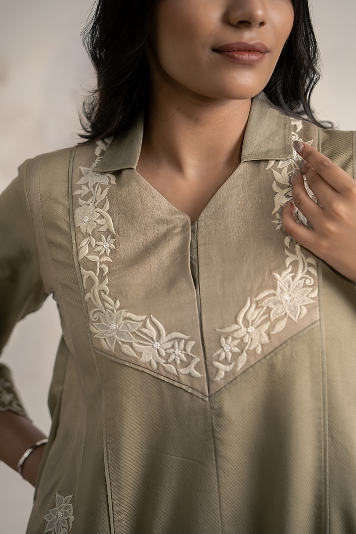 Sage Green Cotton Satin Floral Embroidered Flared Midi Vacation Dress by Neelu and Manvi at Pernia's Pop Up Shop