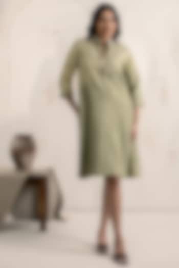 Sage Green Textured Cotton Floral Embroidered Summer Dress by Neelu and Manvi at Pernia's Pop Up Shop