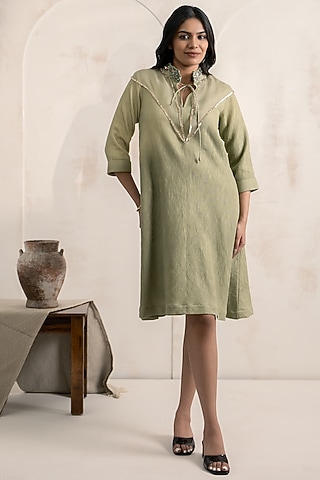 Sage Green Textured Cotton Floral Embroidered Dress by Neelu and Manvi