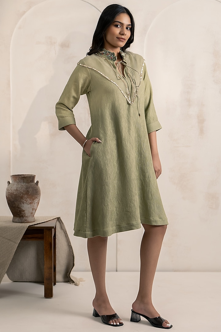 Sage Green Textured Cotton Floral Embroidered Summer Dress by Neelu and Manvi at Pernia's Pop Up Shop