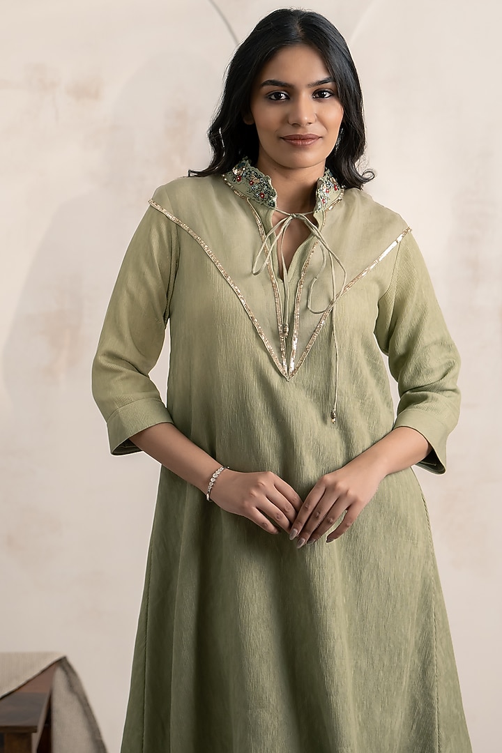 Sage Green Textured Cotton Floral Embroidered Summer Dress by Neelu and  Manvi at Pernia's Pop Up Shop 2026