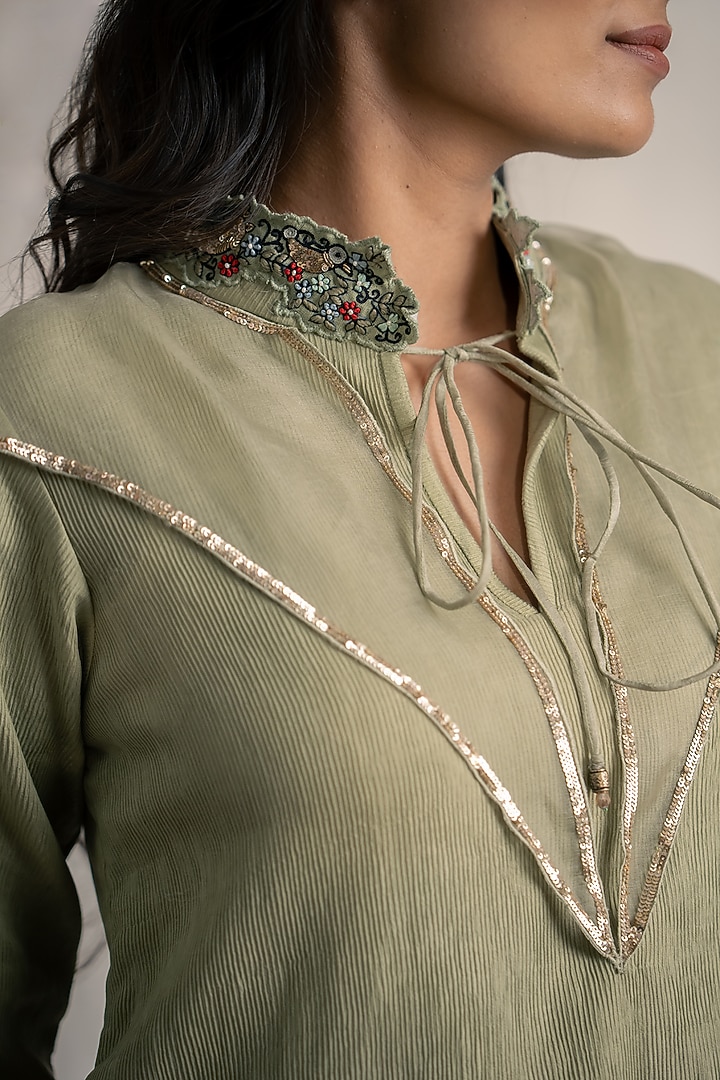 Sage Green Textured Cotton Floral Embroidered Summer Dress by Neelu and Manvi at Pernia's Pop Up Shop