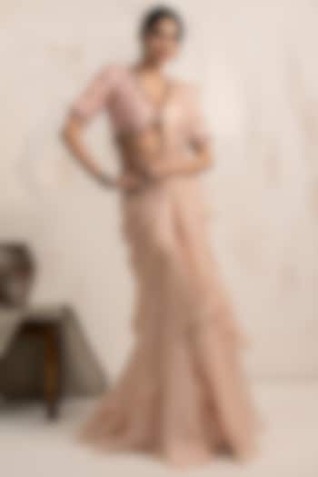 Blush Pink Organza Threadwork Ruffled Draped Wedding Saree Set by Neelu and Manvi at Pernia's Pop Up Shop