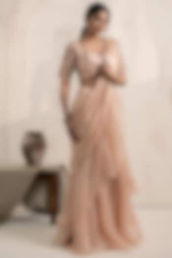 Blush Pink Organza Threadwork Ruffled Draped Wedding Saree Set by Neelu and Manvi at Pernia's Pop Up Shop