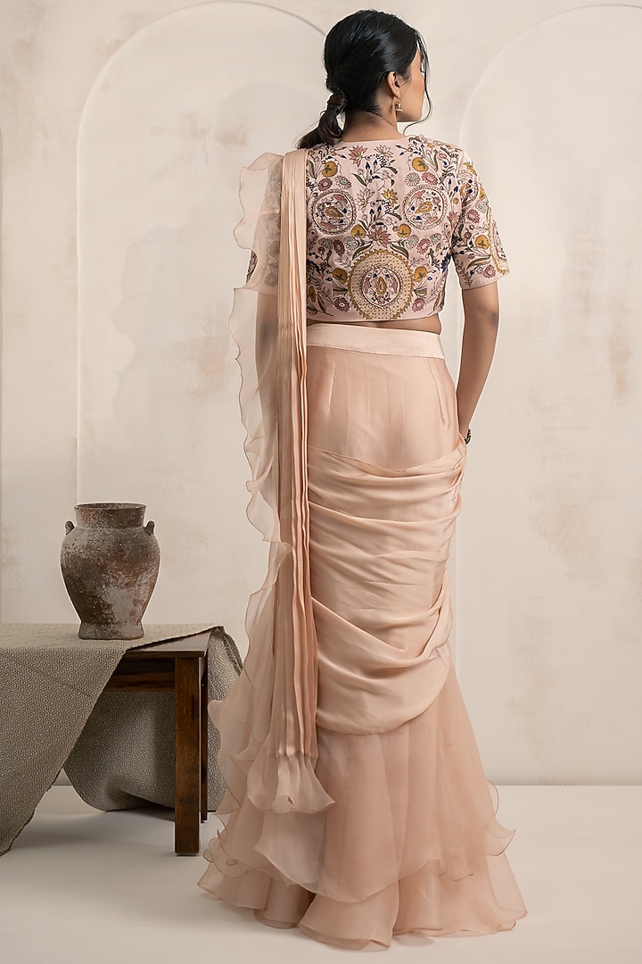 Blush Pink Organza Threadwork Ruffled Draped Wedding Saree Set by Neelu and Manvi at Pernia's Pop Up Shop