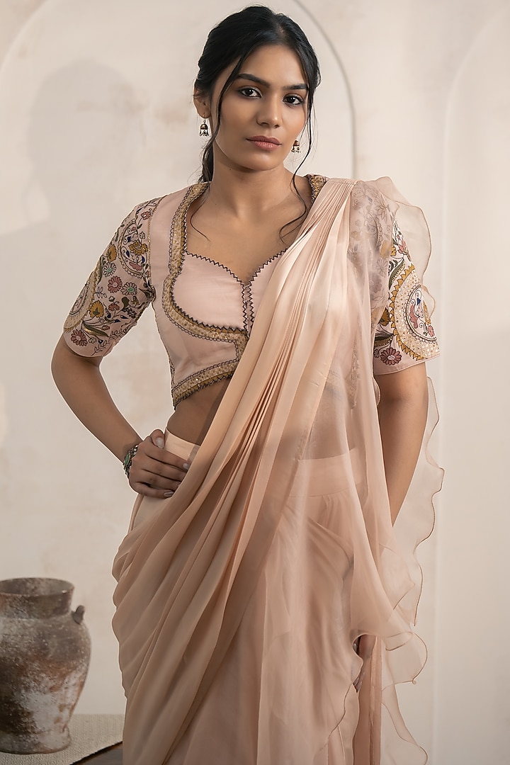 Blush Pink Organza Threadwork Ruffled Draped Wedding Saree Set by Neelu and Manvi at Pernia's Pop Up Shop