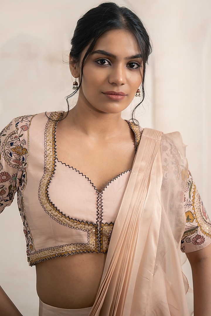 Blush Pink Organza Threadwork Ruffled Draped Wedding Saree Set by Neelu and Manvi at Pernia's Pop Up Shop