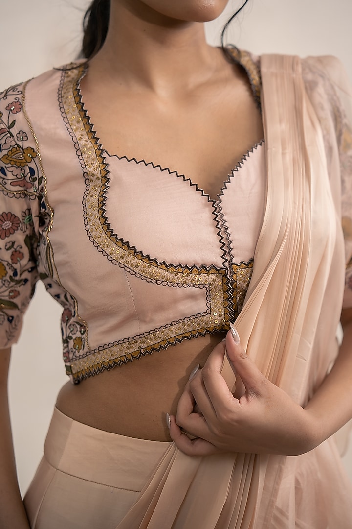 Blush Pink Organza Threadwork Ruffled Draped Wedding Saree Set by Neelu and Manvi at Pernia's Pop Up Shop