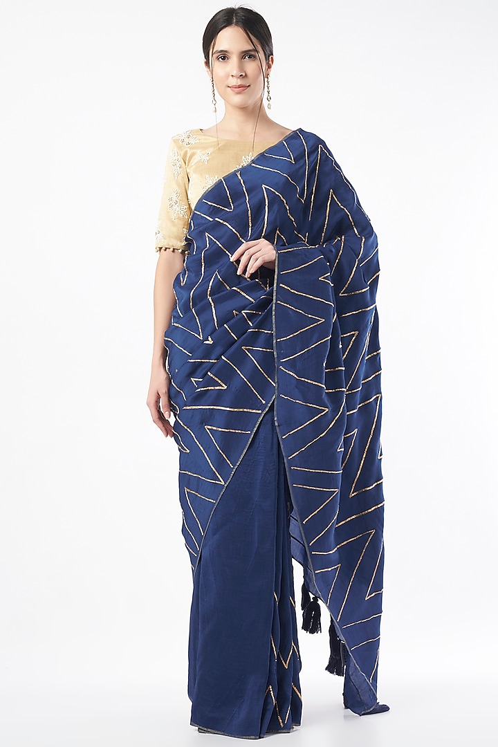 Navy Blue Hand Embroidered Saree by Neervab-k by Nirav Khunt