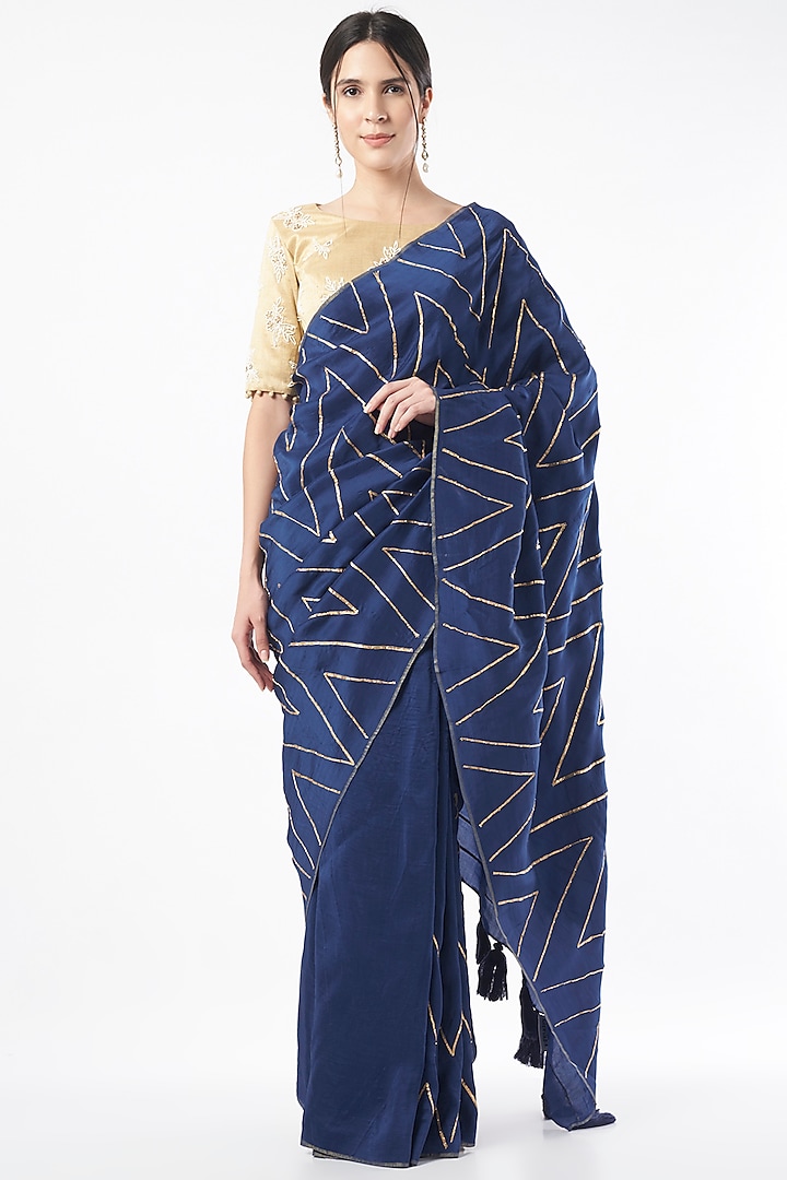 Navy Blue Hand Embroidered Saree by Neervab-k by Nirav Khunt at Pernia's Pop Up Shop