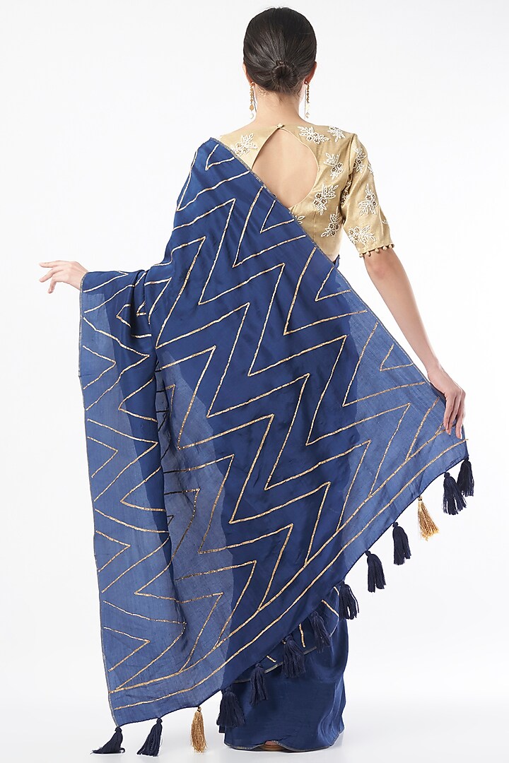 Navy Blue Hand Embroidered Party Wear Saree by Neervab-k by Nirav Khunt at Pernia's Pop Up Shop