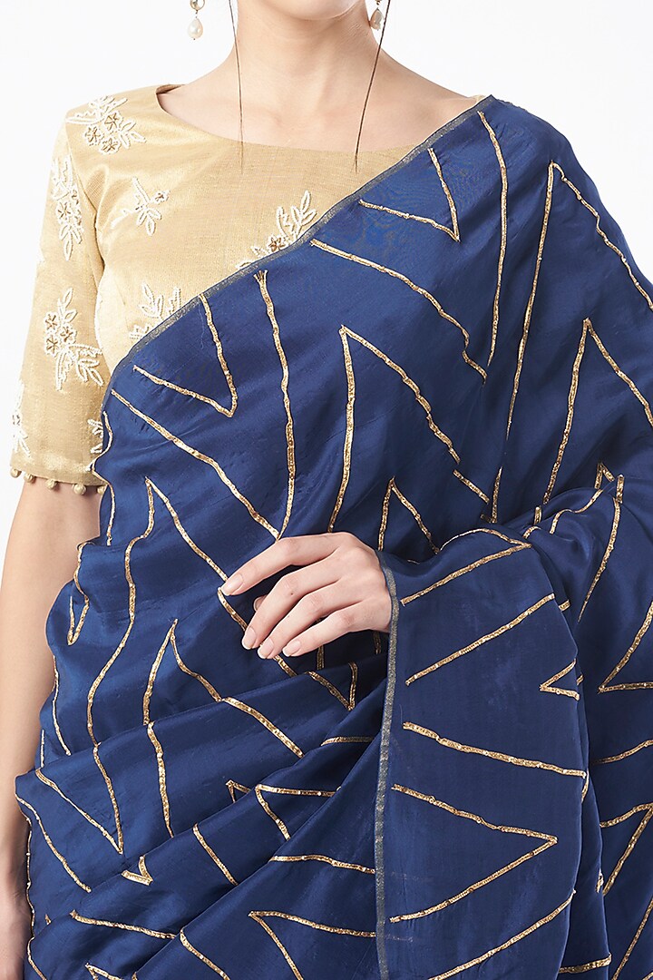 Navy Blue Hand Embroidered Party Wear Saree by Neervab-k by Nirav Khunt at Pernia's Pop Up Shop