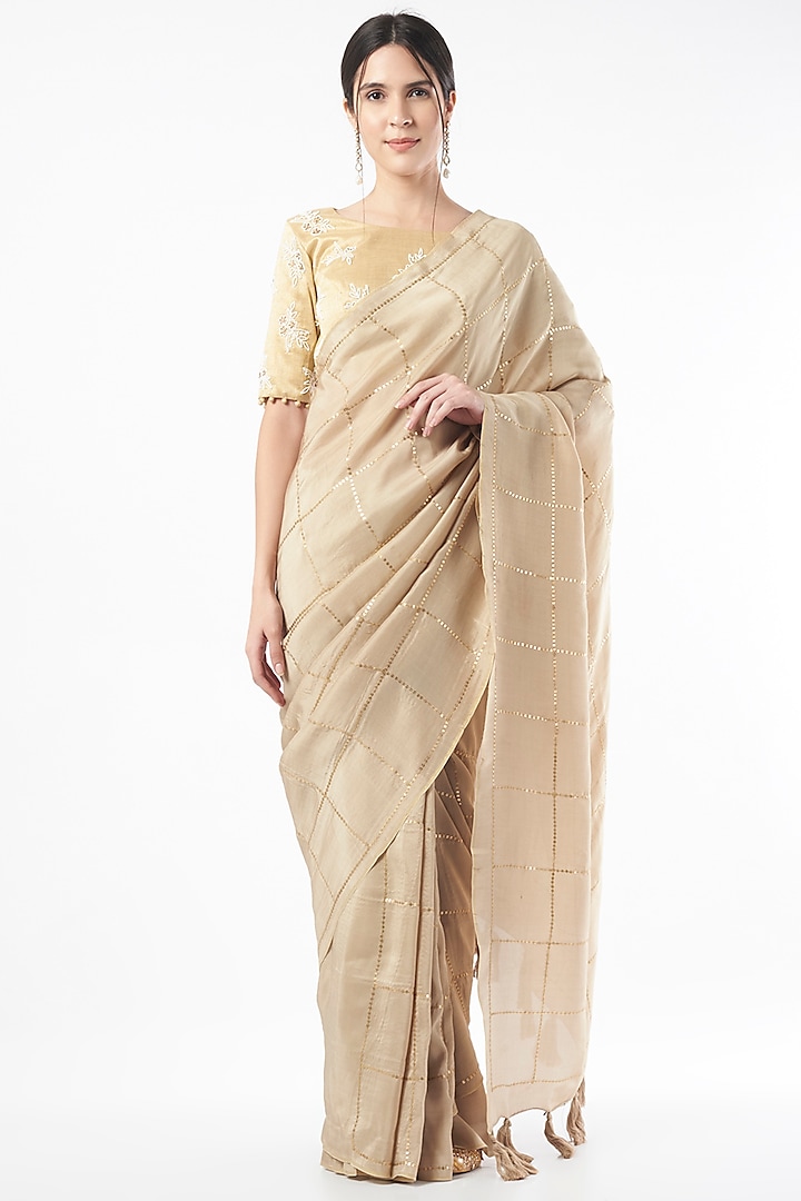 Beige Embroidered Saree by Neervab-k by Nirav Khunt