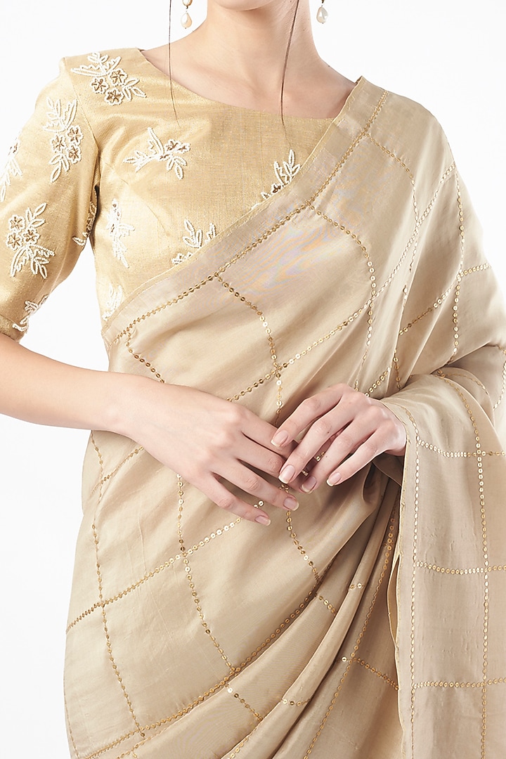 Beige Embroidered Party Wear Saree by Neervab-k by Nirav Khunt at Pernia's Pop Up Shop