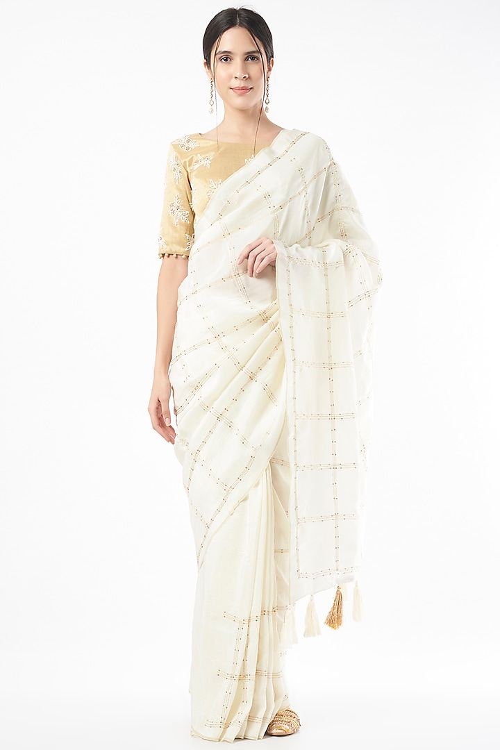White Embroidered Saree by Neervab-k by Nirav Khunt