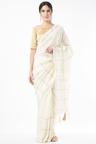 White Embroidered Saree by Neervab-k by Nirav Khunt