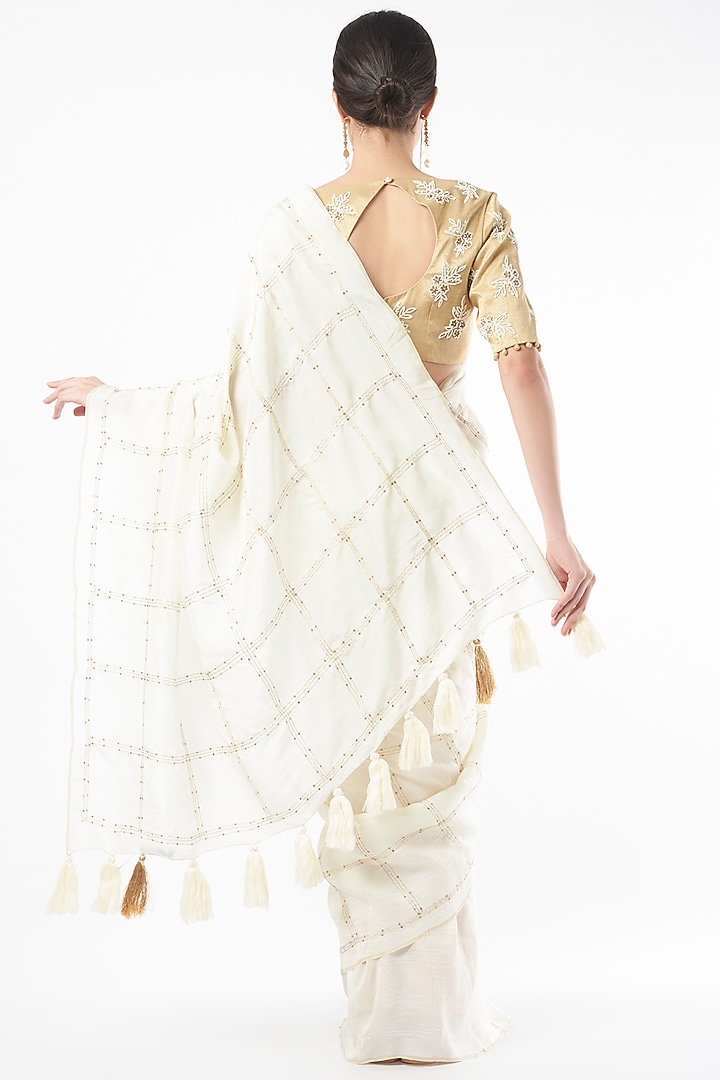 White Embroidered Party Wear Saree by Neervab-k by Nirav Khunt at Pernia's Pop Up Shop