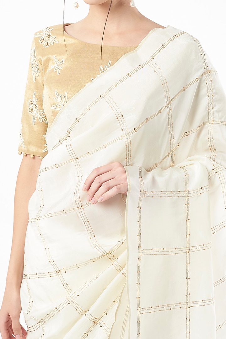 White Embroidered Party Wear Saree by Neervab-k by Nirav Khunt at Pernia's Pop Up Shop